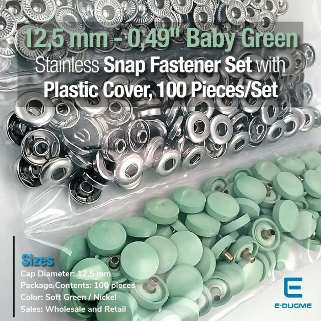 12,5 mm Çıtçıt Takımı Soft Yeşil - Pastel Yeşil Plastik Kapaklı - Gümüş 3 Alt Parça 100 adet/pkt ERC00125PLSYesil