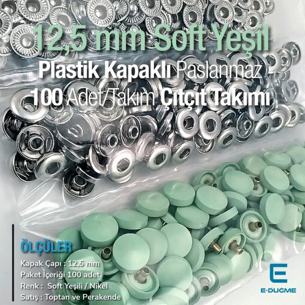 12,5 mm Çıtçıt Takımı Soft Yeşil - Pastel Yeşil Plastik Kapaklı - Gümüş 3 Alt Parça 100 adet/pkt ERC00125PLSYesil