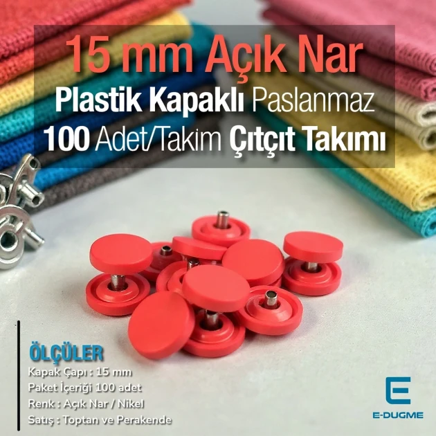 Snap Fastener Set 15 mm - 0,59" Plastic Cover Light Pomegranate 100 pcs/pack ERC0015PLANar