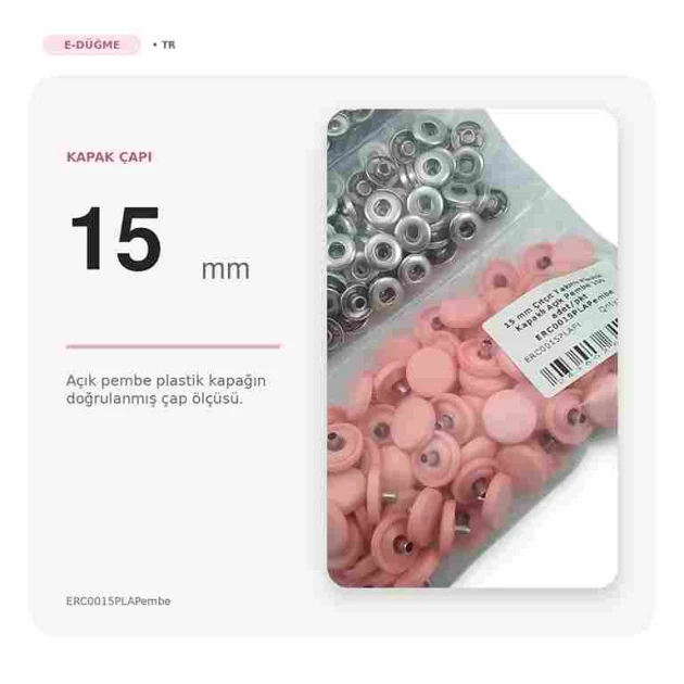 15 mm / 0.591 in Light Pink Plastic-Capped Snap Fastener for garments, bags, and home textiles