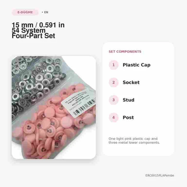 15 mm / 0.591 in Light Pink Plastic-Capped Snap Fastener for garments, bags, and home textiles