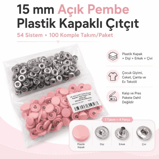 15 mm Açık Pembe Plastik Kapaklı Çıtçıt, 100 Takım, 54 Sistem, Çocuk Giyimi, Mont, Çanta, Ev Tekstili