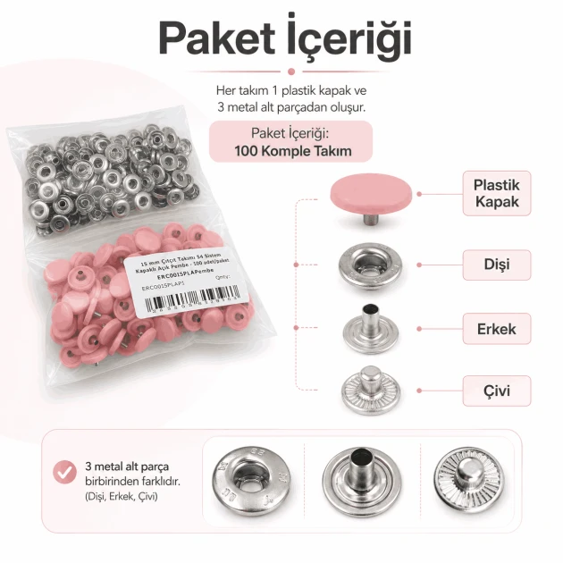 15 mm Açık Pembe Plastik Kapaklı Çıtçıt, 100 Takım, 54 Sistem, Çocuk Giyimi, Mont, Çanta, Ev Tekstili