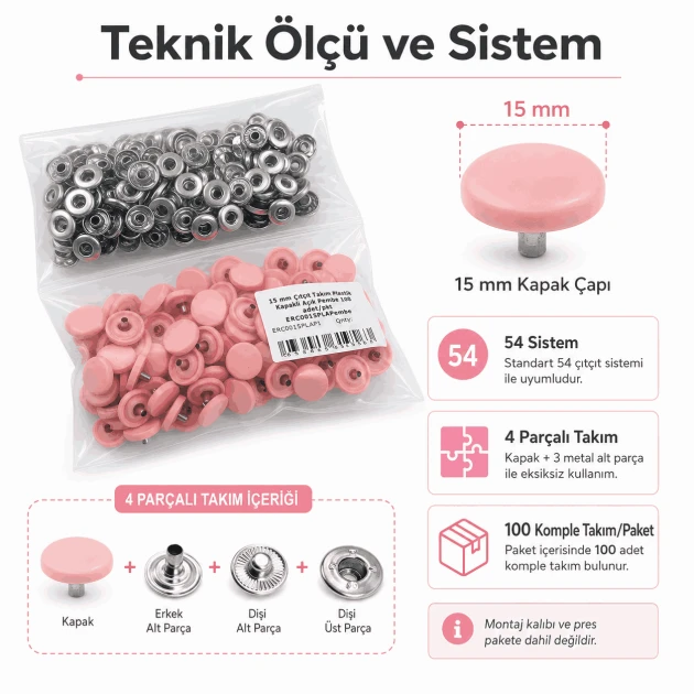 15 mm Açık Pembe Plastik Kapaklı Çıtçıt, 100 Takım, 54 Sistem, Çocuk Giyimi, Mont, Çanta, Ev Tekstili