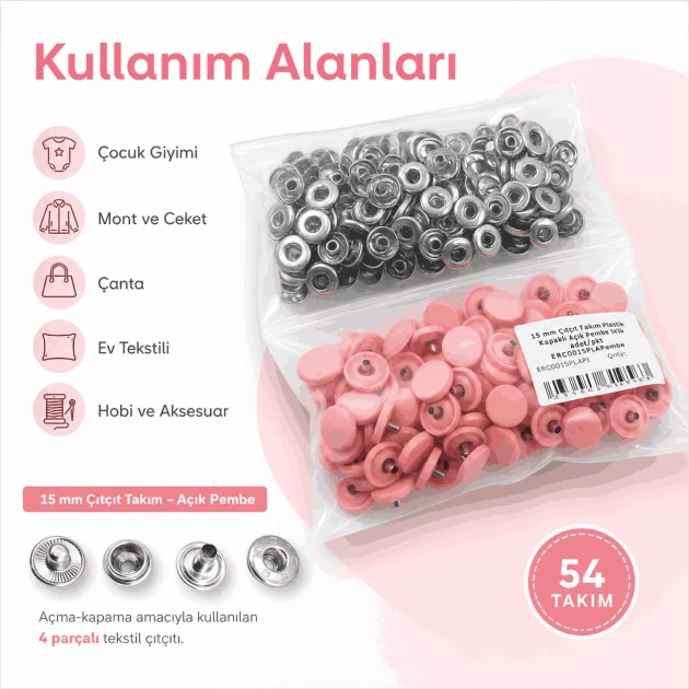 15 mm Açık Pembe Plastik Kapaklı Çıtçıt, 100 Takım, 54 Sistem, Çocuk Giyimi, Mont, Çanta, Ev Tekstili