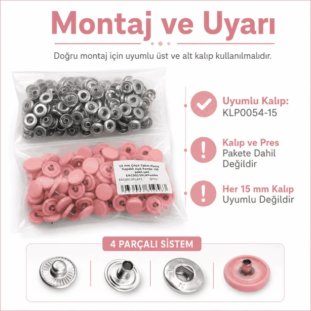 15 mm Açık Pembe Plastik Kapaklı Çıtçıt, 100 Takım, 54 Sistem, Çocuk Giyimi, Mont, Çanta, Ev Tekstili