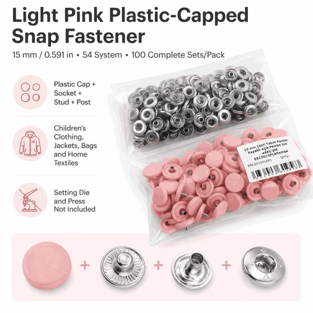 15 mm Açık Pembe Plastik Kapaklı Çıtçıt, 100 Takım, 54 Sistem, Çocuk Giyimi, Mont, Çanta, Ev Tekstili