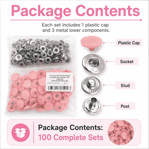 15 mm Açık Pembe Plastik Kapaklı Çıtçıt, 100 Takım, 54 Sistem, Çocuk Giyimi, Mont, Çanta, Ev Tekstili