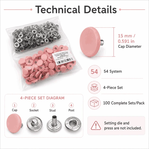 15 mm Açık Pembe Plastik Kapaklı Çıtçıt, 100 Takım, 54 Sistem, Çocuk Giyimi, Mont, Çanta, Ev Tekstili