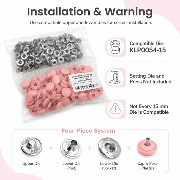 15 mm Açık Pembe Plastik Kapaklı Çıtçıt, 100 Takım, 54 Sistem, Çocuk Giyimi, Mont, Çanta, Ev Tekstili