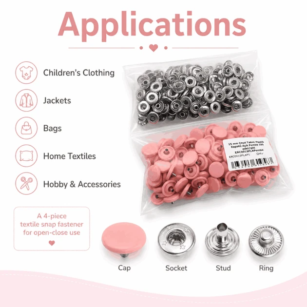 15 mm Açık Pembe Plastik Kapaklı Çıtçıt, 100 Takım, 54 Sistem, Çocuk Giyimi, Mont, Çanta, Ev Tekstili