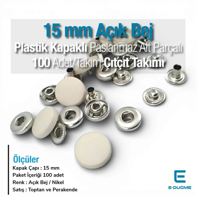15 mm Plastik Kapaklı Açık Bej Çıtçıt Takımı 100 adet/pkt ERC0015PLAbej