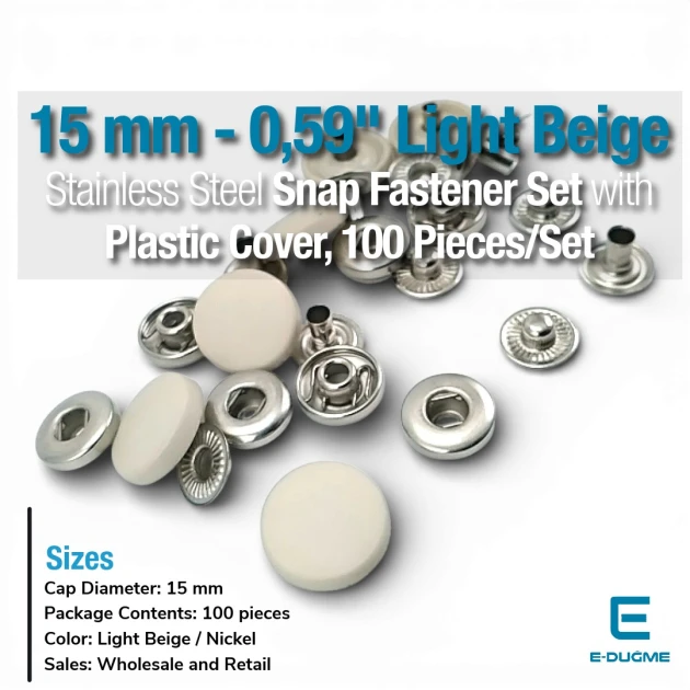 15 mm Plastik Kapaklı Açık Bej Çıtçıt Takımı 100 adet/pkt ERC0015PLAbej