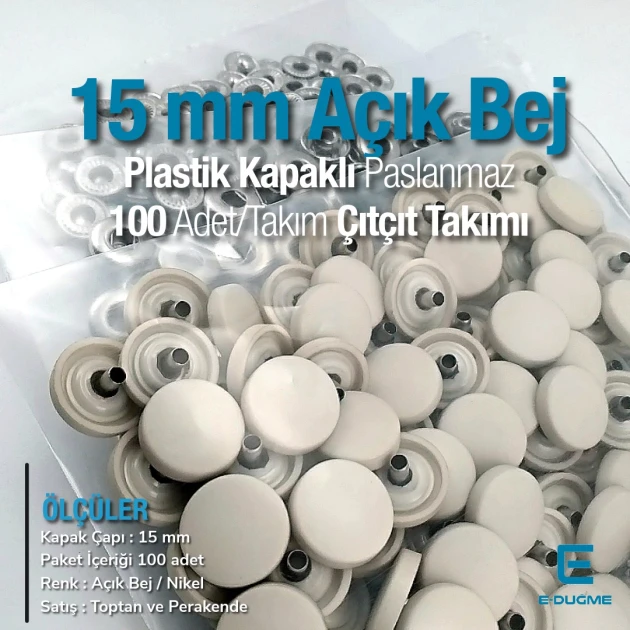 15 mm Plastik Kapaklı Açık Bej Çıtçıt Takımı 100 adet/pkt ERC0015PLAbej