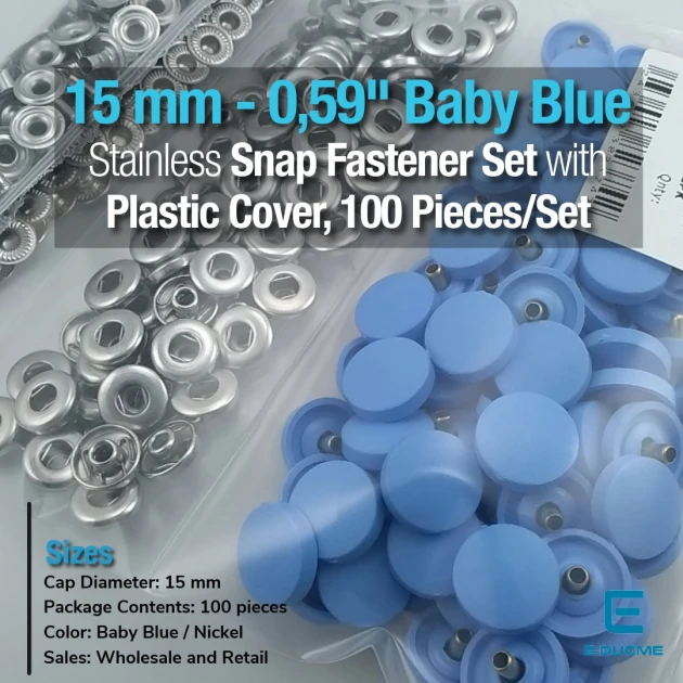 15 mm Plastik Kapaklı Çıtçıt Takımı Bebe Mavisi 100 adet/pkt ERC0015PLBBlue