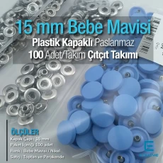 15 mm Plastik Kapaklı Çıtçıt Takımı Bebe Mavisi 100 adet/pkt ERC0015PLBBlue