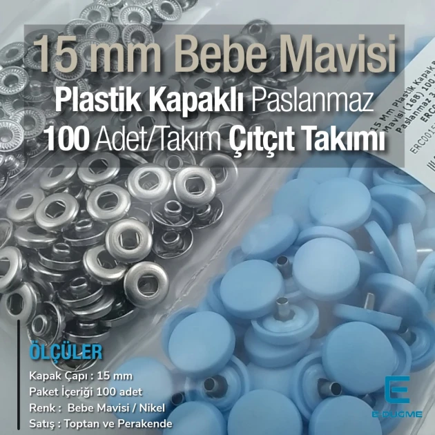 Snap Fastener Set with 0,59" - 15 mm Plastic Cover Baby Blue 100 pieces/pack ERC0015PLBMavi