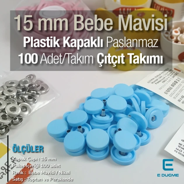 Snap Fastener Set with 0,59" - 15 mm Plastic Cover Baby Blue 100 pieces/pack ERC0015PLBMavi