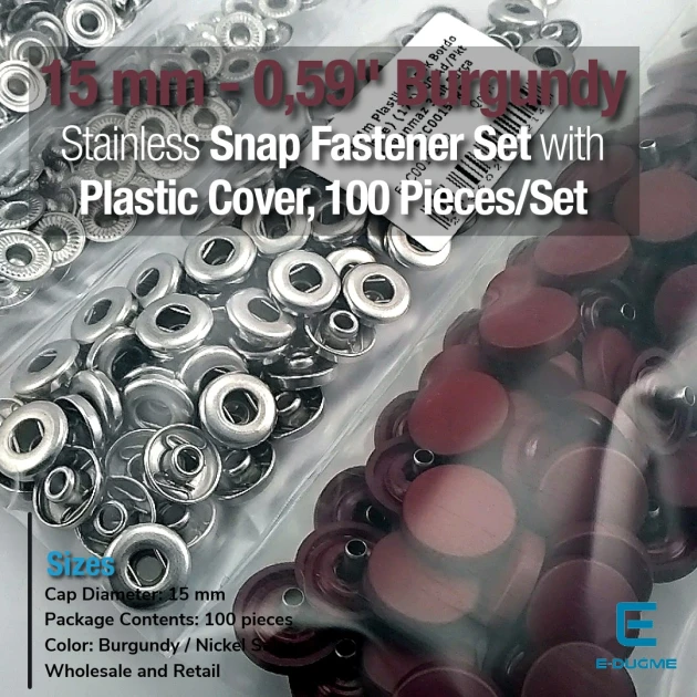 Snap Fastener Set 15 mm - 0,59" Plastic Cover Burgundy 100 pcs/pack ERC0015PLBrd