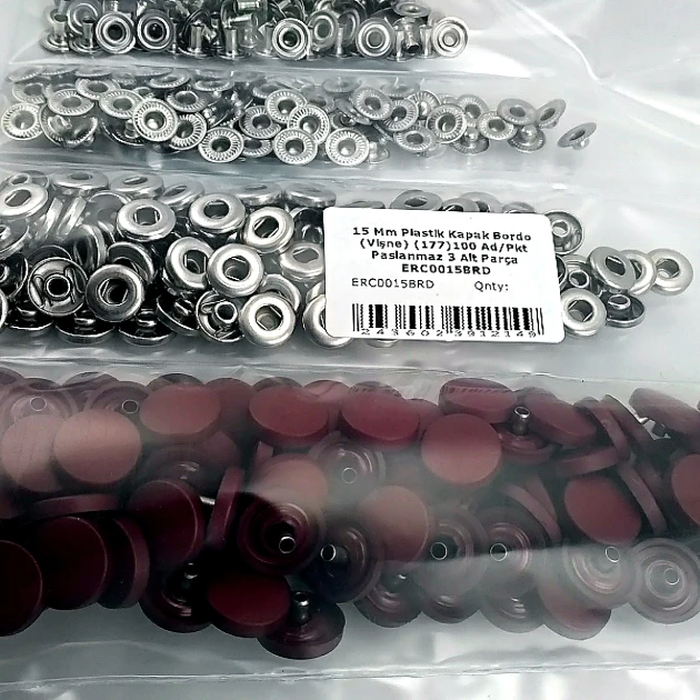 Snap Fastener Set 15 mm - 0,59" Plastic Cover Burgundy 100 pcs/pack ERC0015PLBrd