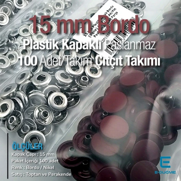 Snap Fastener Set 15 mm - 0,59" Plastic Cover Burgundy 100 pcs/pack ERC0015PLBrd