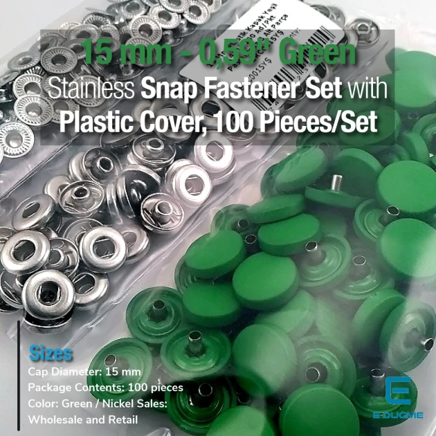 Snap Fastener Set with 15 mm - 0,59" Plastic Cover Dark Green 100 pieces/pack ERC0015PLDGrn