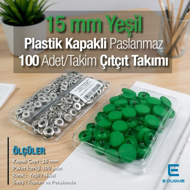 Snap Fastener Set with 15 mm - 0,59" Plastic Cover Dark Green 100 pieces/pack ERC0015PLDGrn