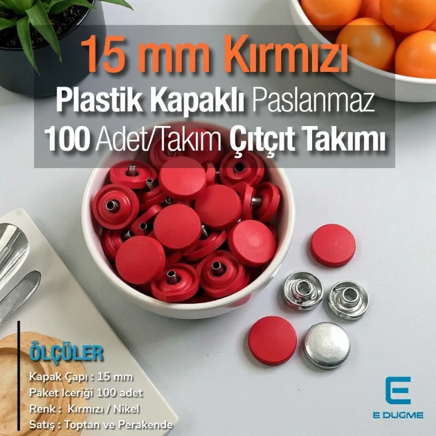 Çıtçıt Takımı 15 mm Plastik Kapaklı Kırmızı 100 adet/pkt ERC0015PLDRed