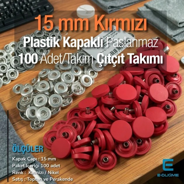 Çıtçıt Takımı 15 mm Plastik Kapaklı Kırmızı 100 adet/pkt ERC0015PLDRed