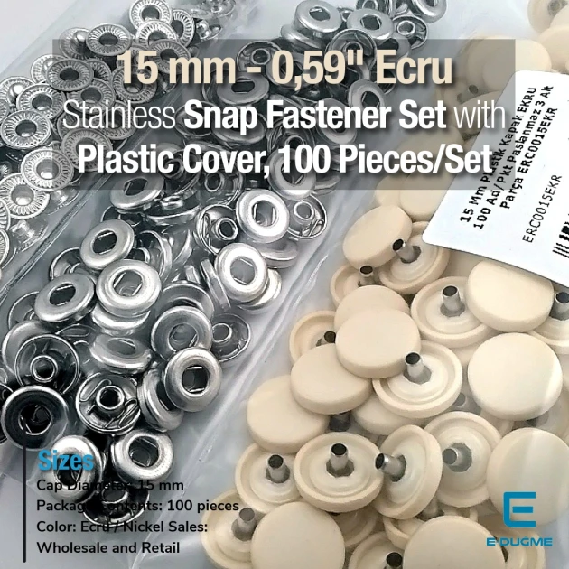 Snap Fastener Set 15 mm - 0,59" Plastic Cover Ecru 100 pcs/pack ERC0015PLEcru