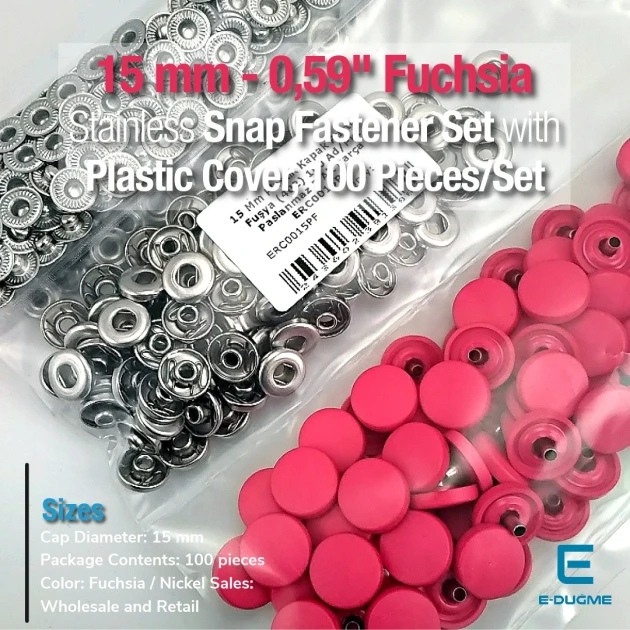 Snap Fastener Set with 15 mm - 0,59" Plastic Cover Fuchsia 100 pieces/pack ERC0015PLFsy