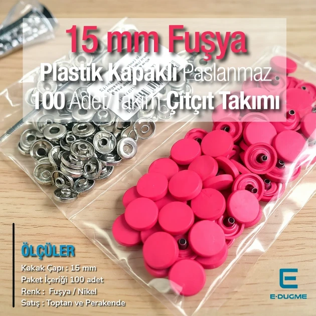Snap Fastener Set with 15 mm - 0,59" Plastic Cover Fuchsia 100 pieces/pack ERC0015PLFsy