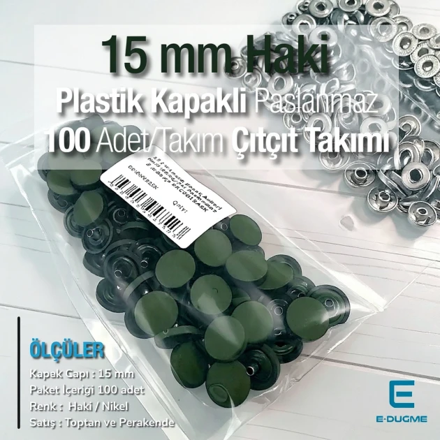 Çıtçıt Takımı 15 mm Plastik Kapaklı Haki 100 adet/pkt ERC0015PLHaki