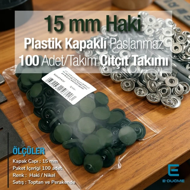 Çıtçıt Takımı 15 mm Plastik Kapaklı Haki 100 adet/pkt ERC0015PLHaki