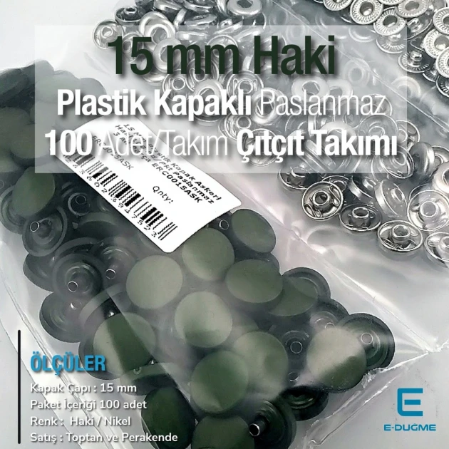 Çıtçıt Takımı 15 mm Plastik Kapaklı Haki 100 adet/pkt ERC0015PLHaki
