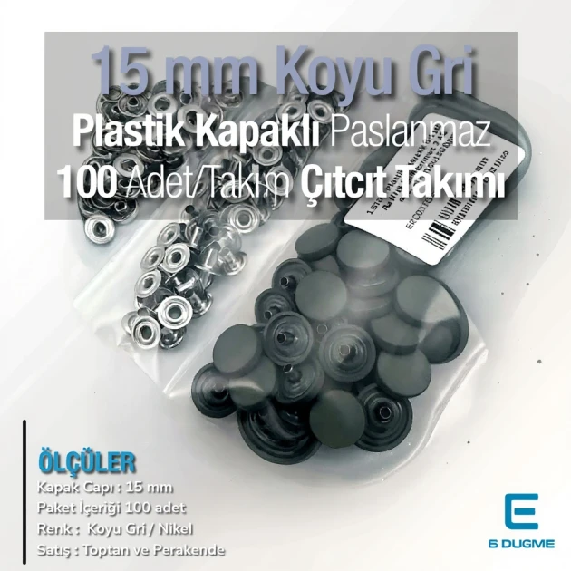 Çıtçıt Takımı 15 mm Plastik Kapaklı Koyu Gri 100 adet/pkt ERC0015PLKGri