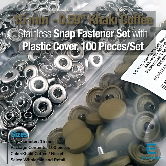 Çıtçıt Takımı 15 mm Plastik Kapaklı Kahve Haki 100 adet/pkt ERC0015PLKHaki