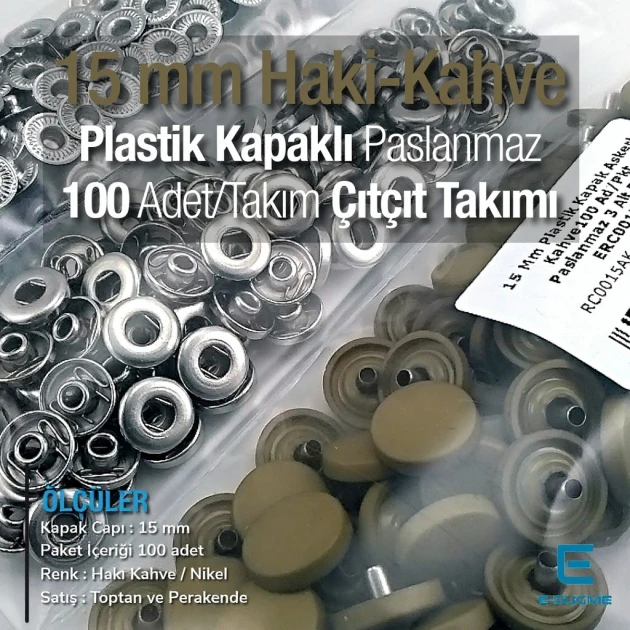 Çıtçıt Takımı 15 mm Plastik Kapaklı Kahve Haki 100 adet/pkt ERC0015PLKHaki