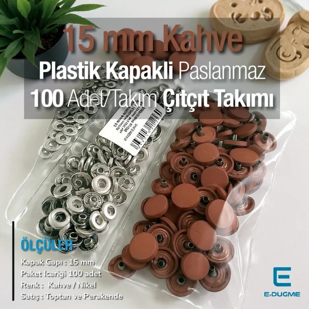 Çıtçıt Takımı 15 mm Plastik Kapaklı Kahve 100 adet/pkt ERC0015PLKhv