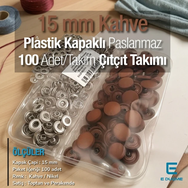 Çıtçıt Takımı 15 mm Plastik Kapaklı Kahve 100 adet/pkt ERC0015PLKhv