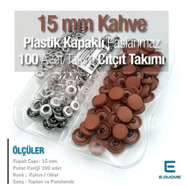 Çıtçıt Takımı 15 mm Plastik Kapaklı Kahve 100 adet/pkt ERC0015PLKhv