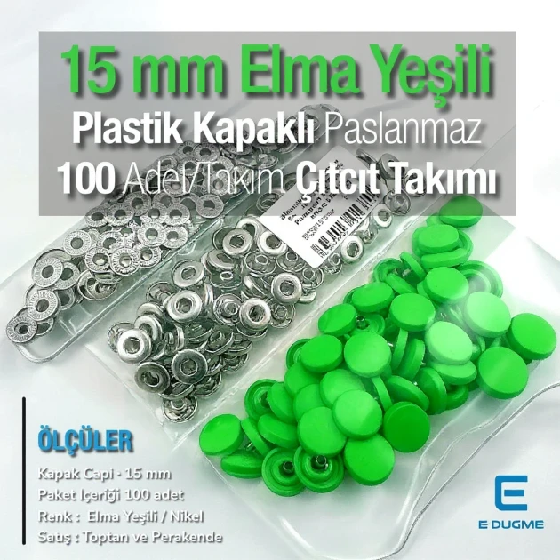 Çıtçıt Takımı 15 mm Plastik Kapaklı Elma Yeşili 100 adet/pkt ERC0015PLLgrn