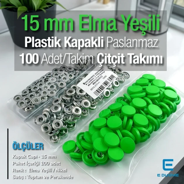 Çıtçıt Takımı 15 mm Plastik Kapaklı Elma Yeşili 100 adet/pkt ERC0015PLLgrn