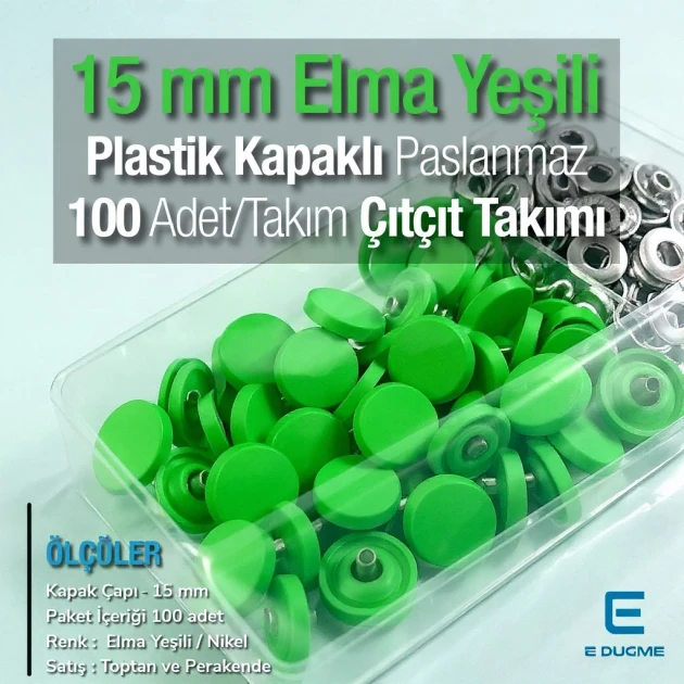 Çıtçıt Takımı 15 mm Plastik Kapaklı Elma Yeşili 100 adet/pkt ERC0015PLLgrn