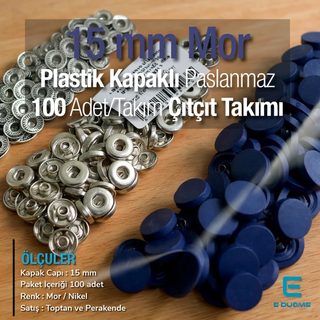 Çıtçıt Takımı 15 mm Plastik Kapaklı Mor 100 adet/pkt ERC0015PLMor