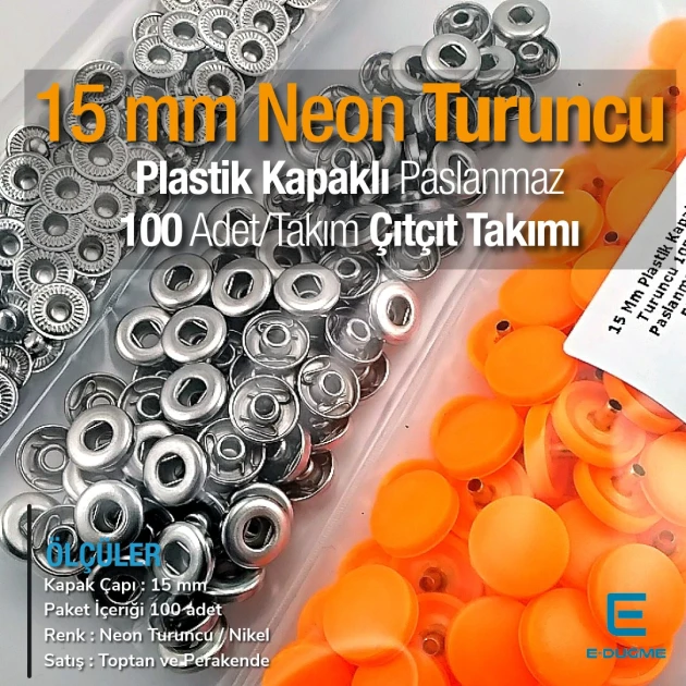 Snap Fastener Set 15 mm - 0,59" with Plastic Cover Neon Orange 100 pieces/pack ERC0015PLNOrange