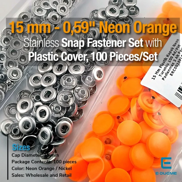 Snap Fastener Set 15 mm - 0,59" with Plastic Cover Neon Orange 100 pieces/pack ERC0015PLNOrange