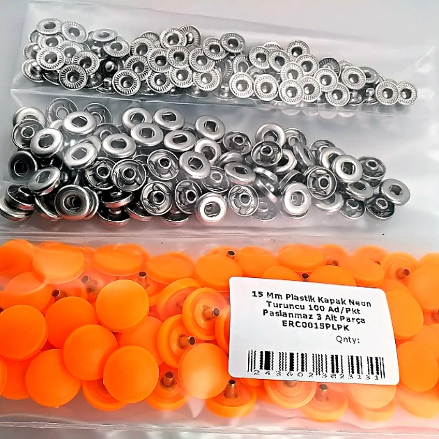 Snap Fastener Set 15 mm - 0,59" with Plastic Cover Neon Orange 100 pieces/pack ERC0015PLNOrange