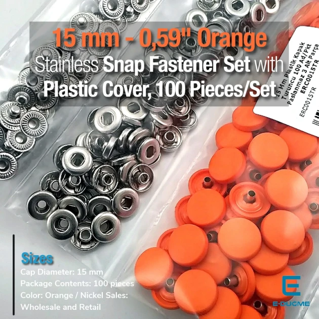 Çıtçıt Takımı 15 mm Plastik Kapaklı Turuncu 100 adet/pkt ERC0015PLOrg