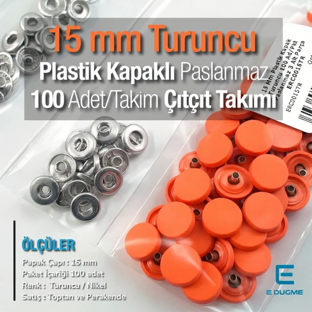 Çıtçıt Takımı 15 mm Plastik Kapaklı Turuncu 100 adet/pkt ERC0015PLOrg